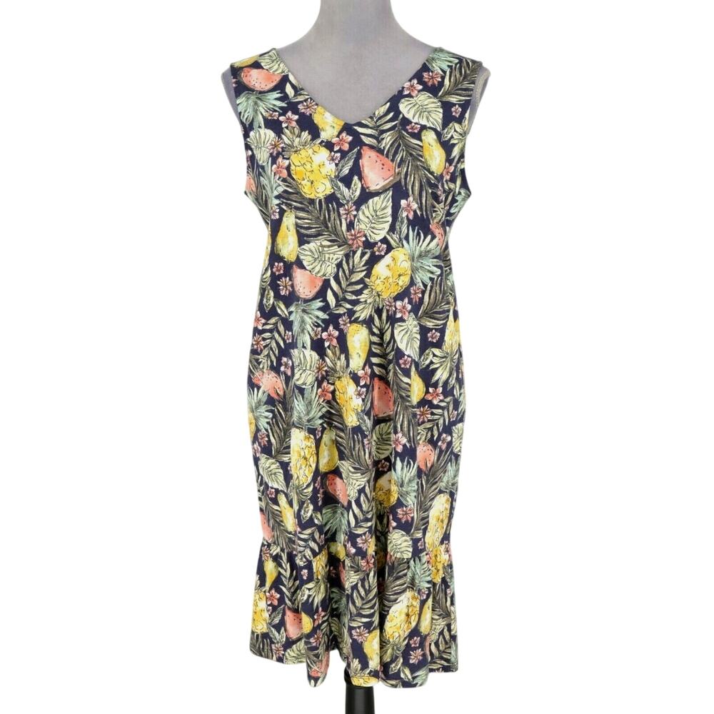 J Jill Dress Womens Small Green Pink Floral Stretch Knit Flounced Hem Pullover